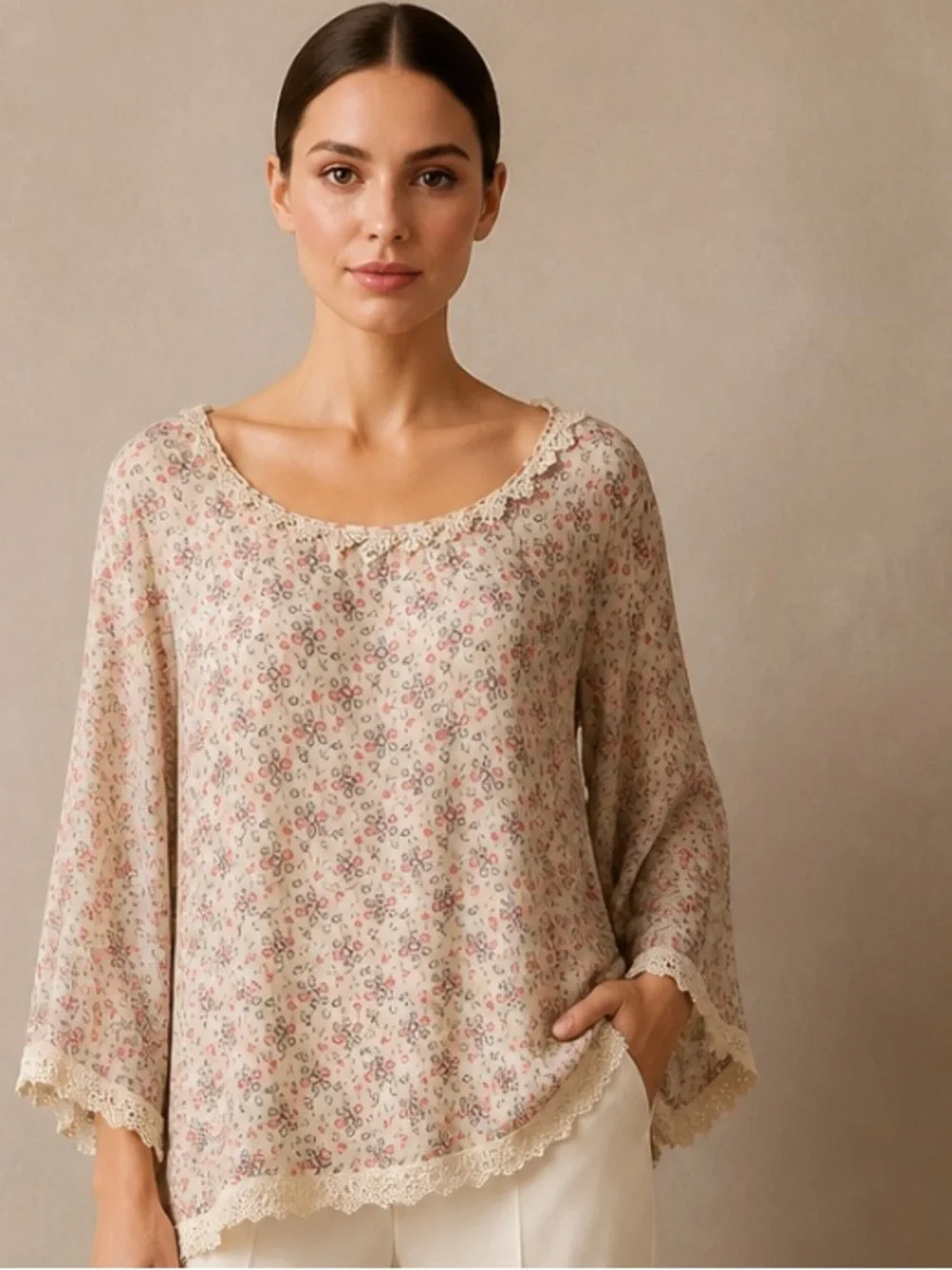 FREE PEOPLE Blouse Top Peasant Boho Sheer Lace Beige Pink Scoop Neck